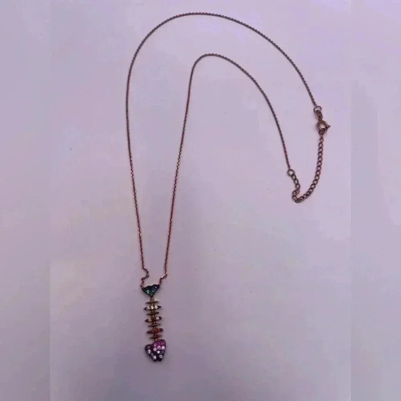 Rainbow CZ gems embellish this contemporary fishbone pendant necklace - Picture 2 of 4